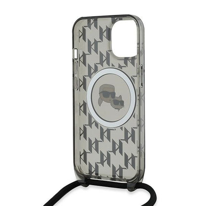 MagSafe Hülle für Apple iPhone 15, Karl Lagerfeld, IML Crossbody Monogram Karl & Choupette's Heads, Schwarz