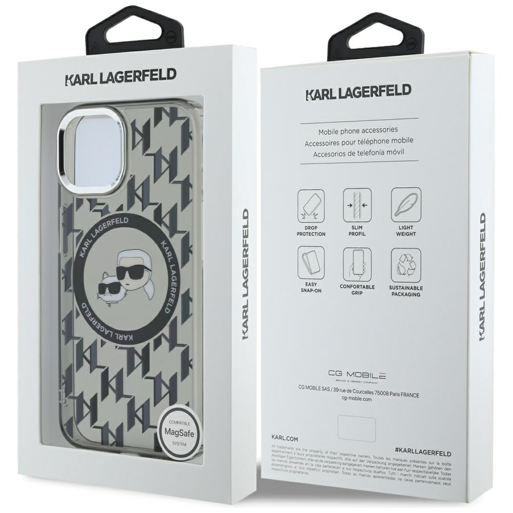 MagSafe Case for Apple iPhone 15, Karl Lagerfeld, IML Monogram Karl & Choupette's Heads, Black
