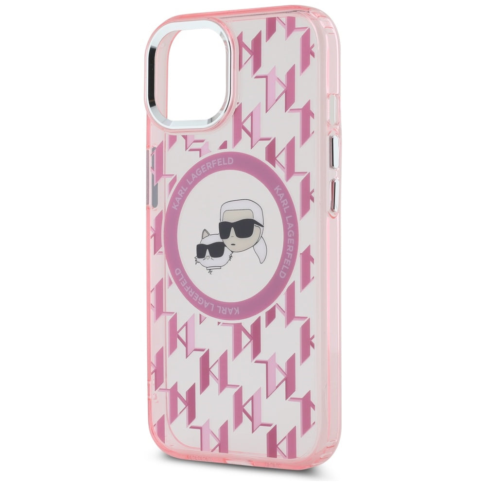 MagSafe Case for Apple iPhone 15, Karl Lagerfeld, IML Monogram Karl & Choupette's Heads, Pink