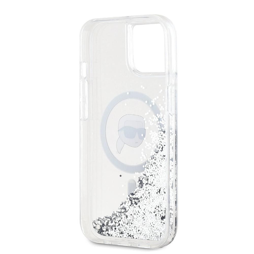 MagSafe Case for Apple iPhone 15, Karl Lagerfeld, Liquid Glitter Karl's Head, Transparent