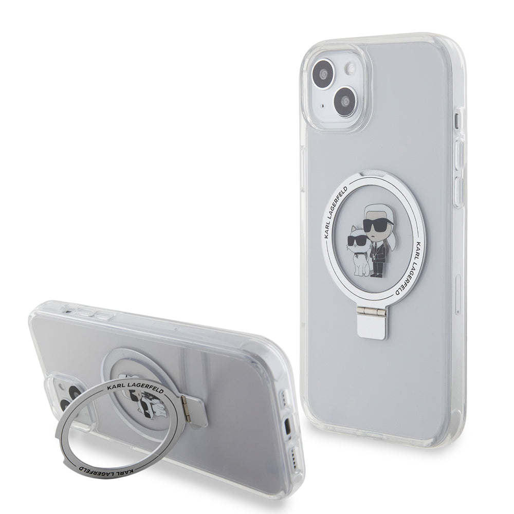 MagSafe Hülle für Apple iPhone 15 Plus, Karl Lagerfeld, Ringstand Karl und Choupette, Weiß