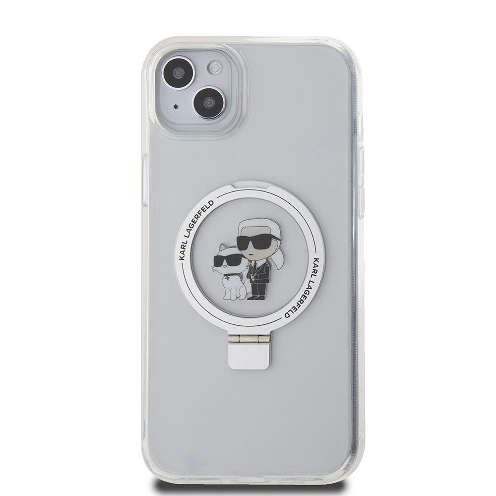 MagSafe Hülle für Apple iPhone 15 Plus, Karl Lagerfeld, Ringstand Karl und Choupette, Weiß