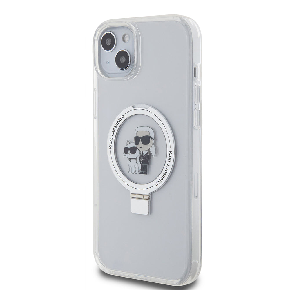 MagSafe Hülle für Apple iPhone 15 Plus, Karl Lagerfeld, Ringstand Karl und Choupette, Weiß