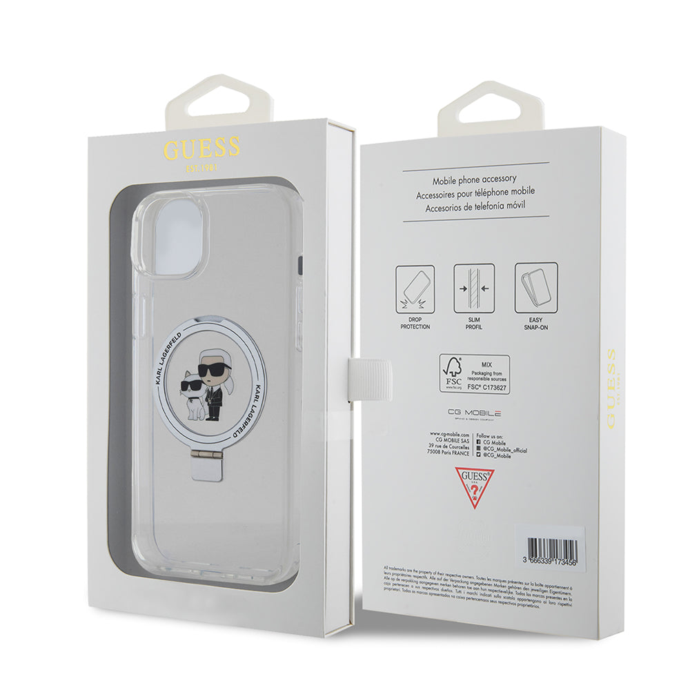 MagSafe Hülle für Apple iPhone 15 Plus, Karl Lagerfeld, Ringstand Karl und Choupette, Weiß