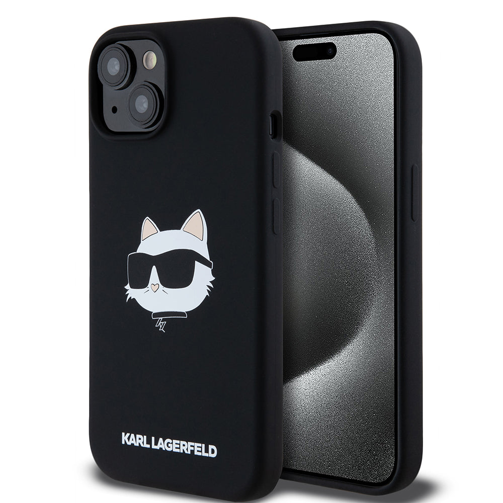 MagSafe Hülle für Apple iPhone 15, Karl Lagerfeld, Silikon Choupette's Head, Schwarz