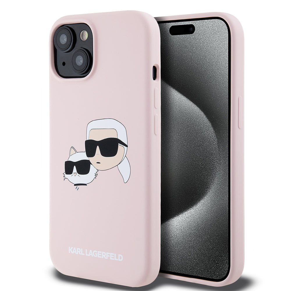 MagSafe Hülle für Apple iPhone 15, Karl Lagerfeld, Silikon Karl & Choupette's Köpfe, Rosa