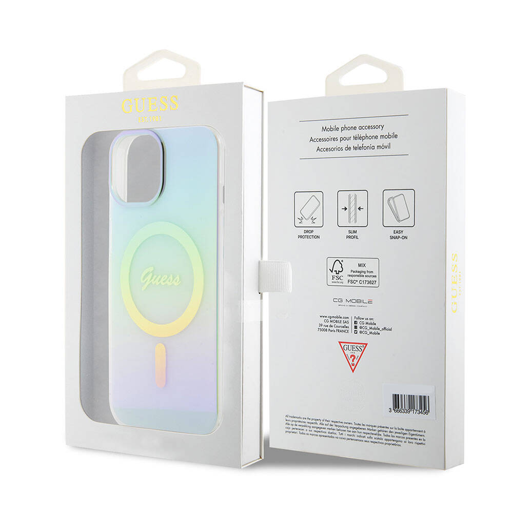 MagSafe Hülle für Apple iPhone 15 Plus, Guess, IML Iridescent, Türkis