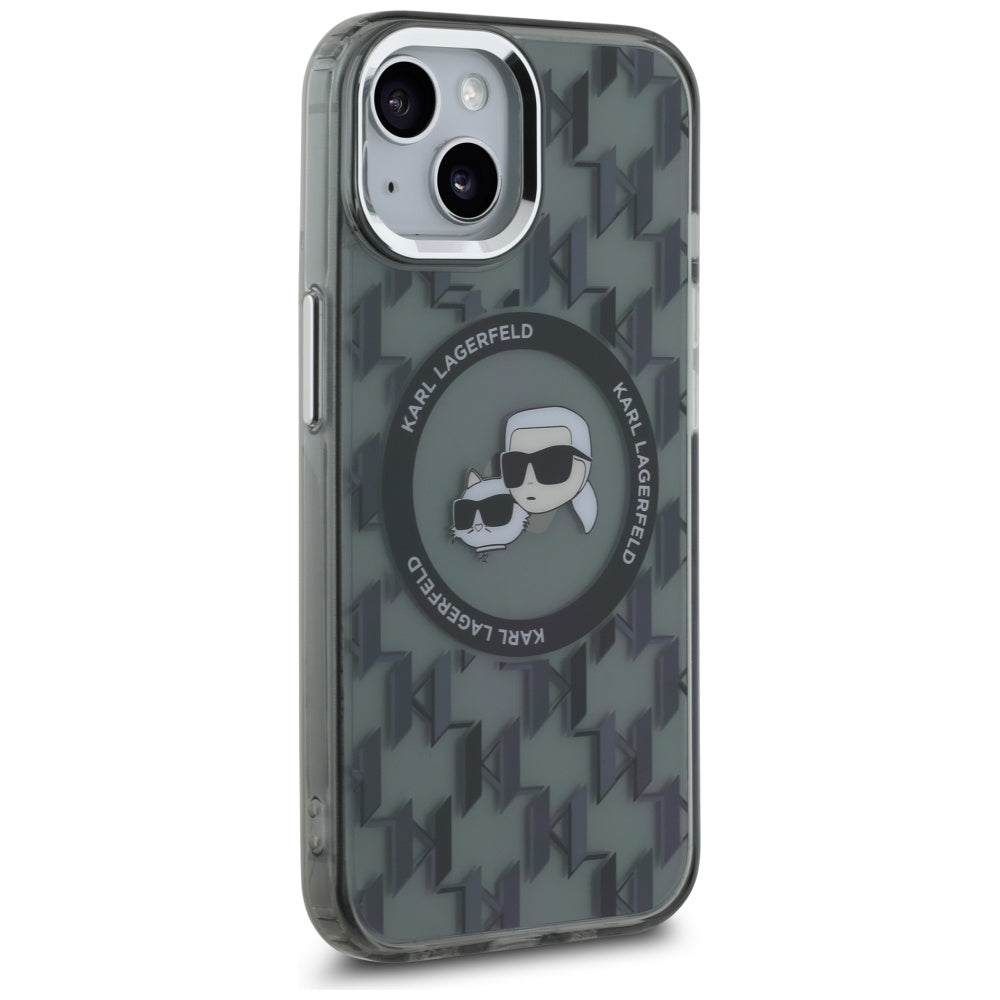 MagSafe Hülle für Apple iPhone 15 Plus, Karl Lagerfeld, IML Monogramm Karl & Choupette's Köpfe, Schwarz