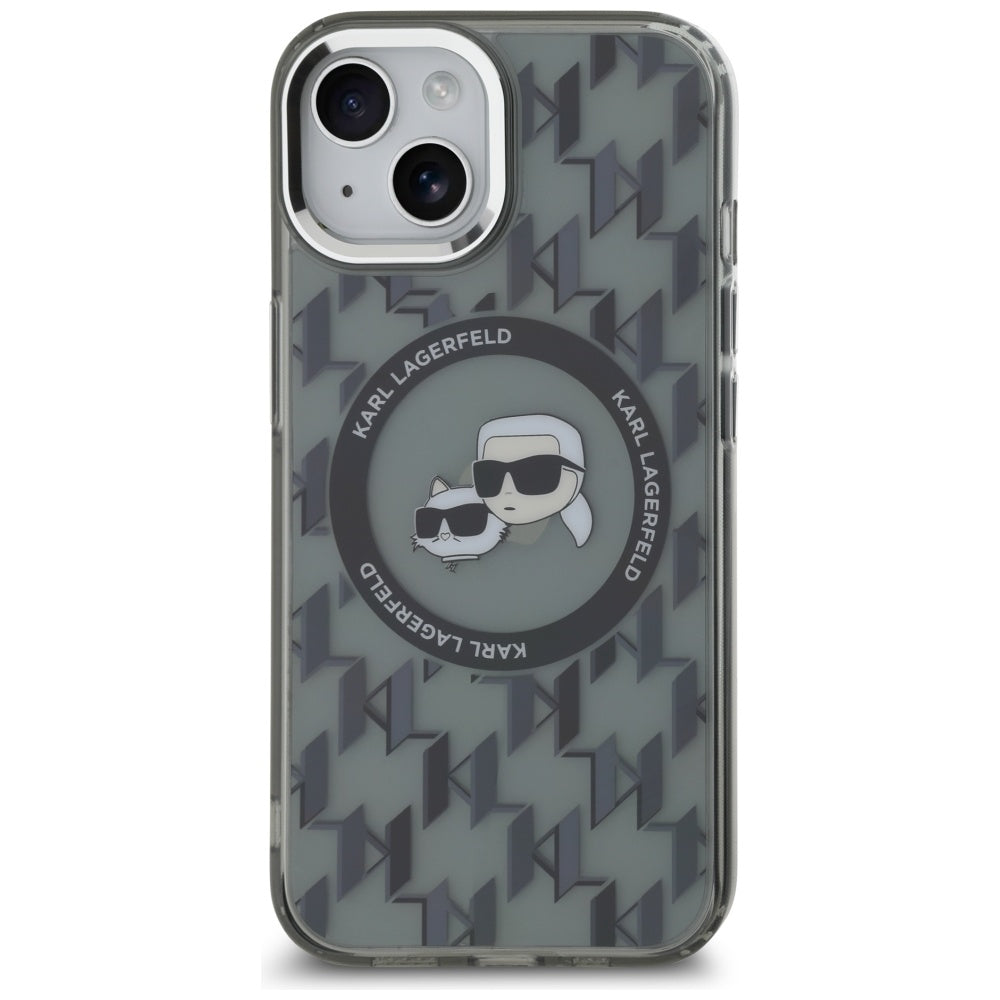 MagSafe Hülle für Apple iPhone 15 Plus, Karl Lagerfeld, IML Monogramm Karl & Choupette's Köpfe, Schwarz
