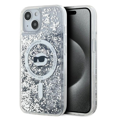 MagSafe Hülle für Apple iPhone 15 Plus, Karl Lagerfeld, Liquid Glitter Choupette's Head, Transparent
