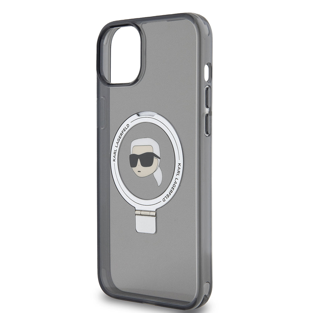 MagSafe Hülle für Apple iPhone 15 Plus, Karl Lagerfeld, Ring Stand Karl's Head, Schwarz