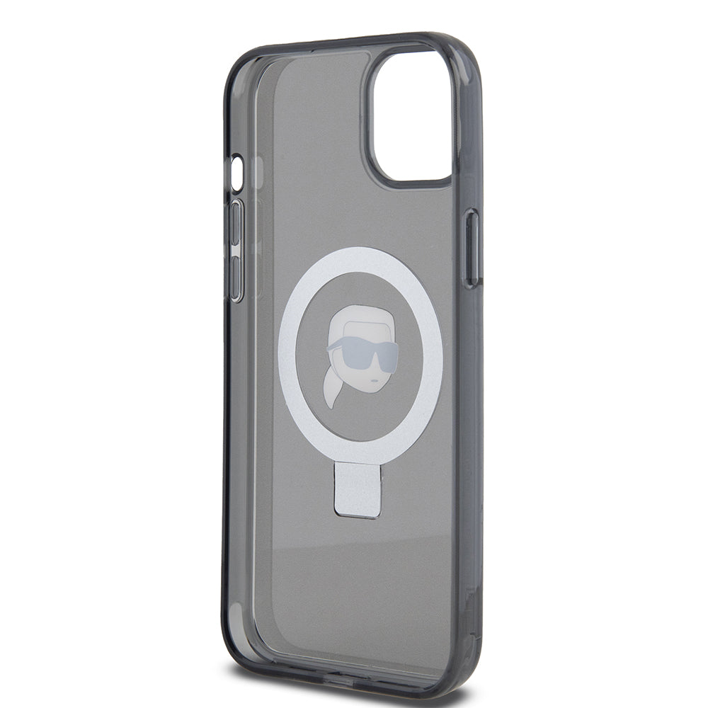 MagSafe Hülle für Apple iPhone 15 Plus, Karl Lagerfeld, Ring Stand Karl's Head, Schwarz