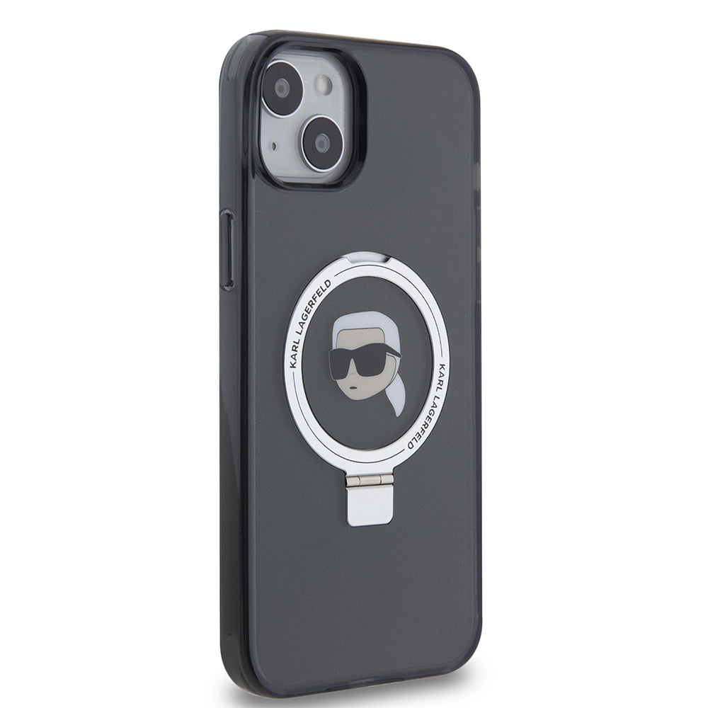 MagSafe Hülle für Apple iPhone 15 Plus, Karl Lagerfeld, Ring Stand Karl's Head, Schwarz