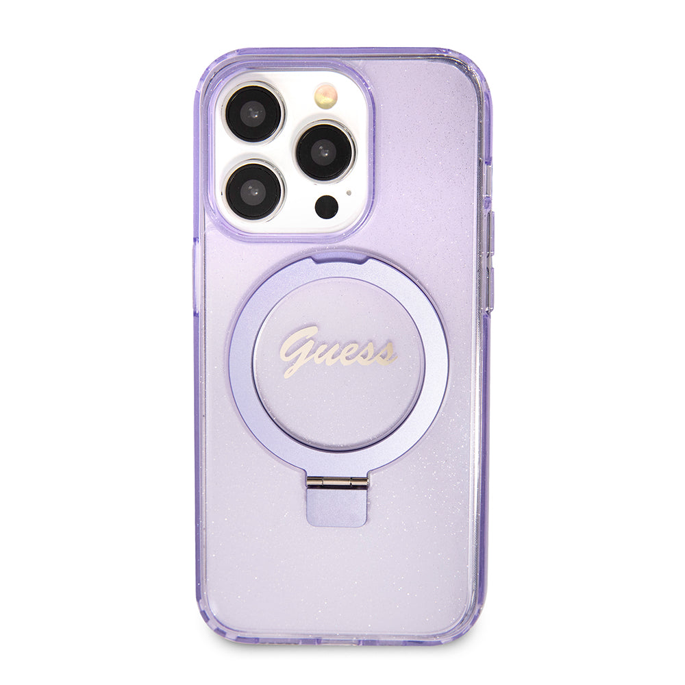 MagSafe Hülle für Apple iPhone 15 Pro, Guess, IML Ring Stand Glitter, Lila