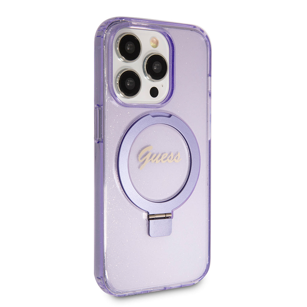 MagSafe Hülle für Apple iPhone 15 Pro, Guess, IML Ring Stand Glitter, Lila