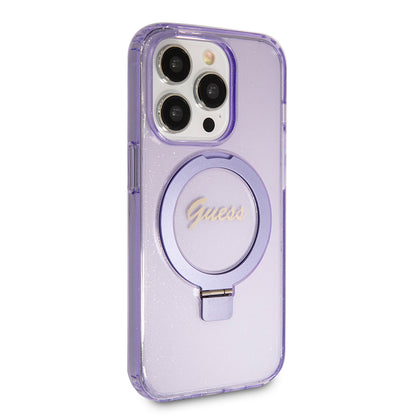MagSafe Hülle für Apple iPhone 15 Pro, Guess, IML Ring Stand Glitter, Lila