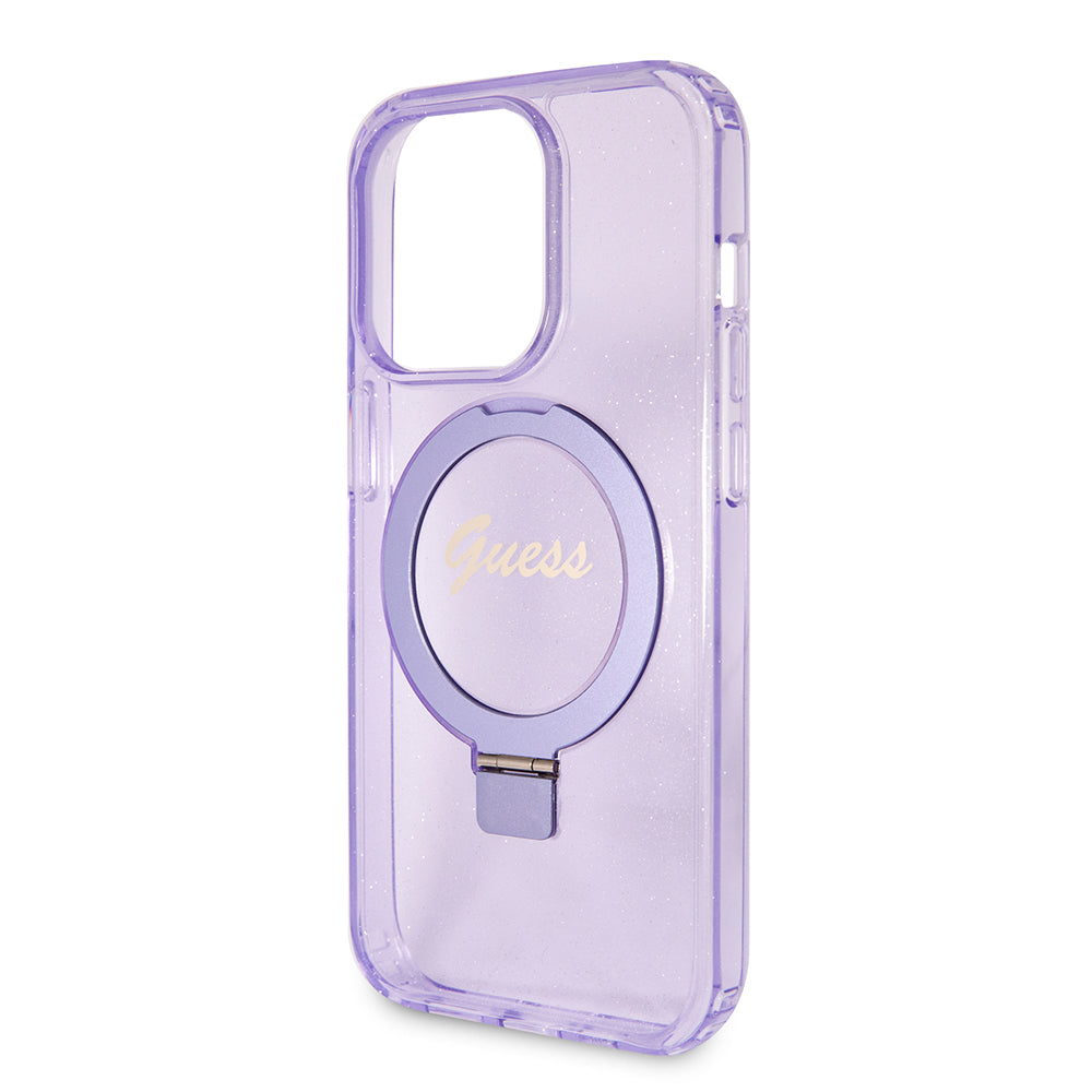 MagSafe Hülle für Apple iPhone 15 Pro, Guess, IML Ring Stand Glitter, Lila