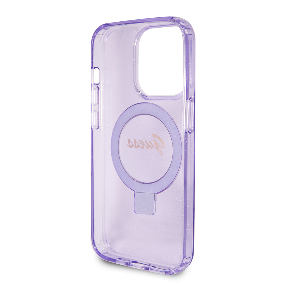 MagSafe Hülle für Apple iPhone 15 Pro, Guess, IML Ring Stand Glitter, Lila