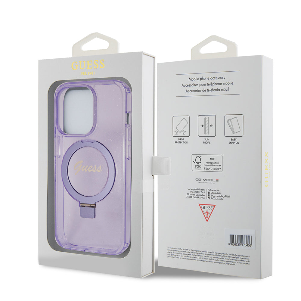 MagSafe Hülle für Apple iPhone 15 Pro, Guess, IML Ring Stand Glitter, Lila