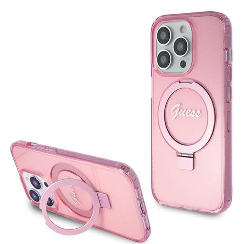 MagSafe Hülle für Apple iPhone 15 Pro, Guess, IML Ring Stand Glitter, Rosa