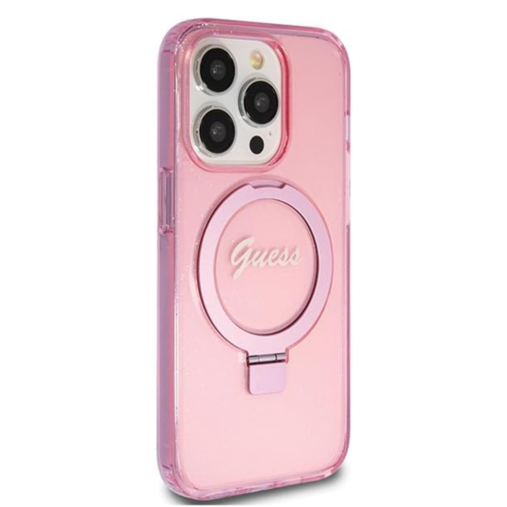 MagSafe Hülle für Apple iPhone 15 Pro, Guess, IML Ring Stand Glitter, Rosa