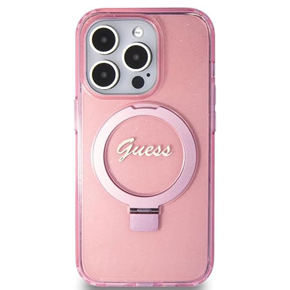 MagSafe Hülle für Apple iPhone 15 Pro, Guess, IML Ring Stand Glitter, Rosa