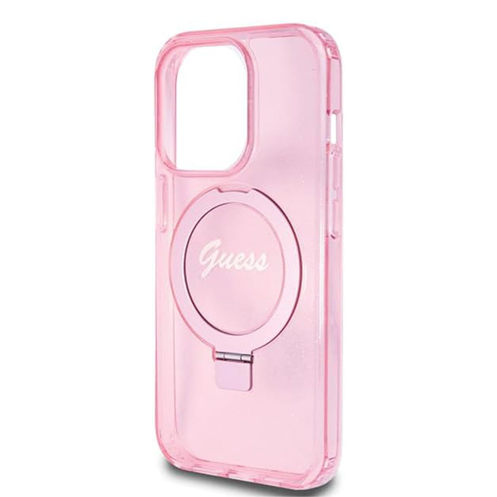 MagSafe Hülle für Apple iPhone 15 Pro, Guess, IML Ring Stand Glitter, Rosa