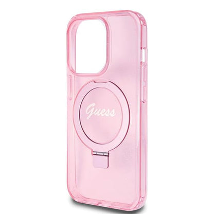 MagSafe Hülle für Apple iPhone 15 Pro, Guess, IML Ring Stand Glitter, Rosa