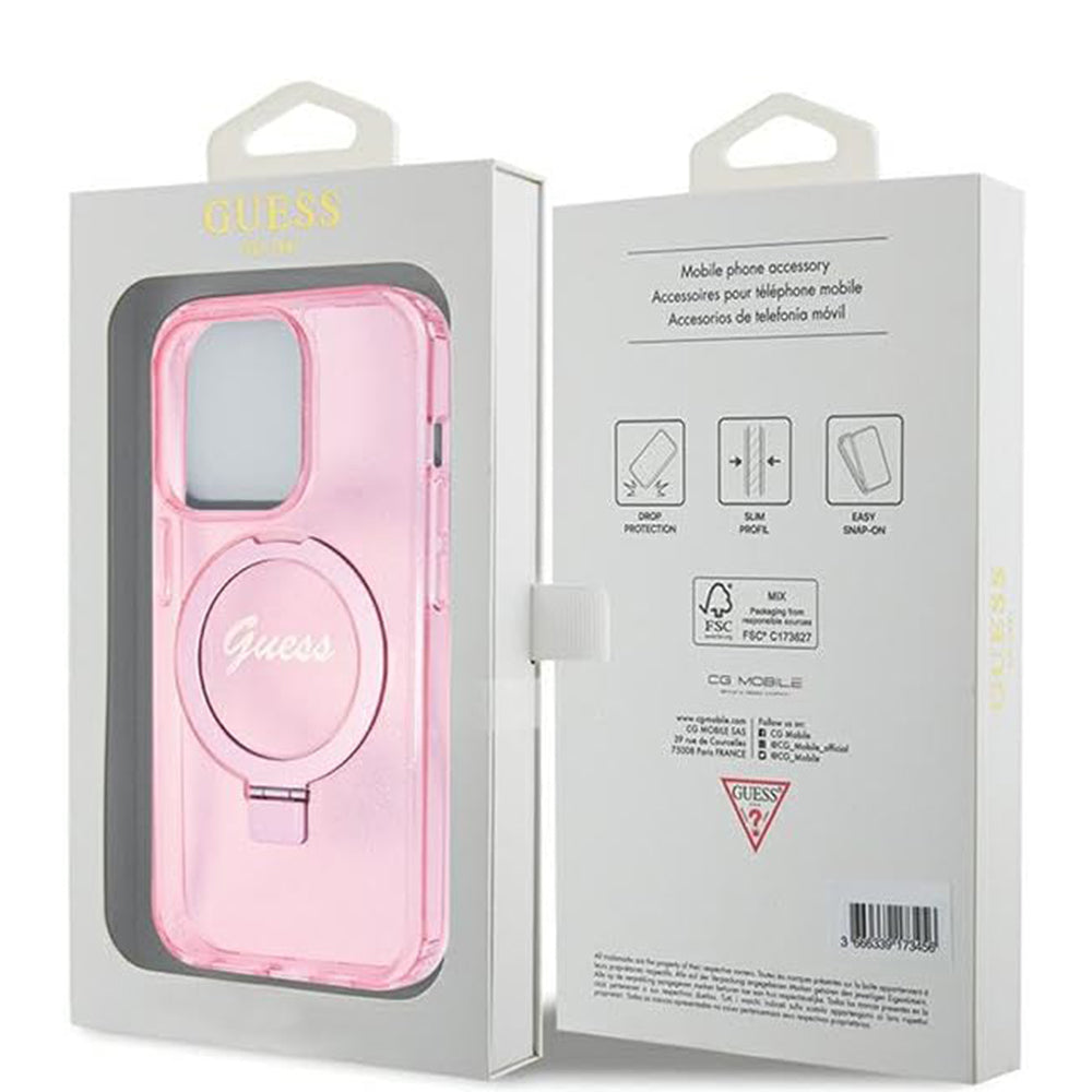 MagSafe Hülle für Apple iPhone 15 Pro, Guess, IML Ring Stand Glitter, Rosa