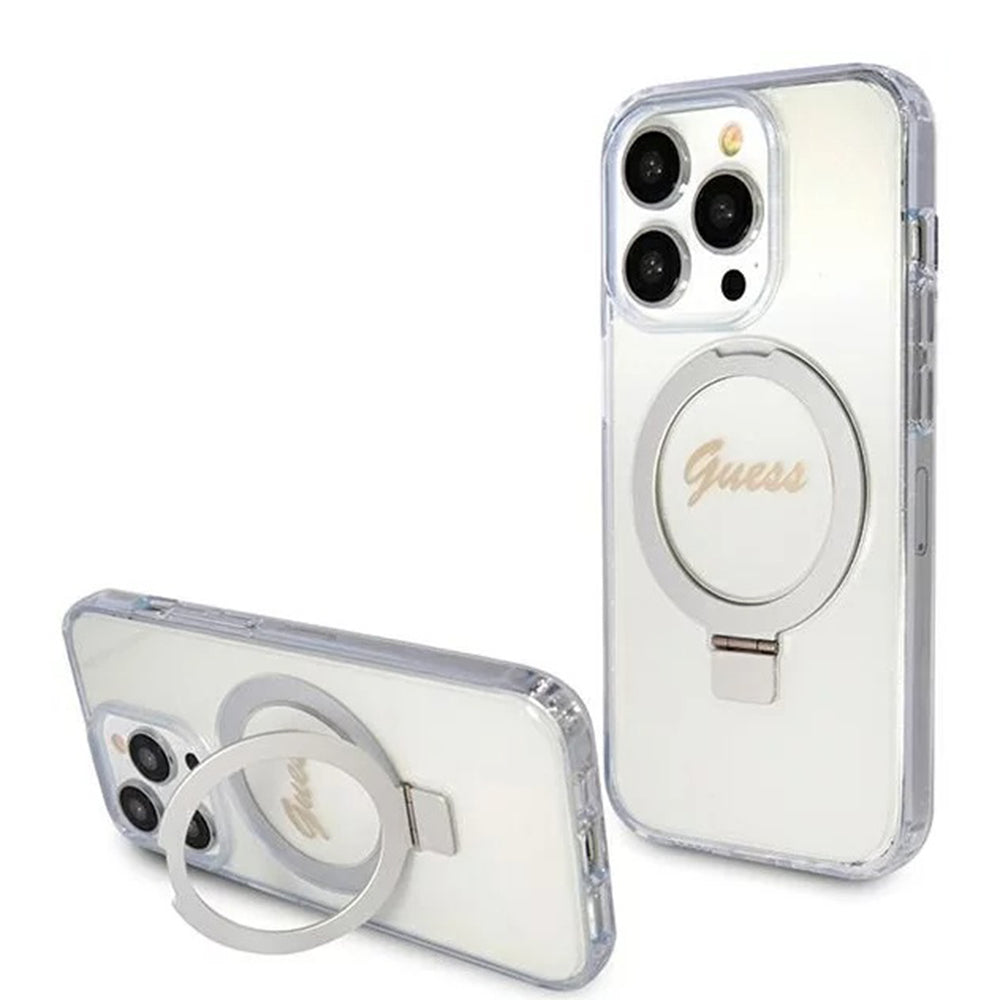MagSafe Case for Apple iPhone 15 Pro, Guess, IML Ring Stand Glitter, Transparent