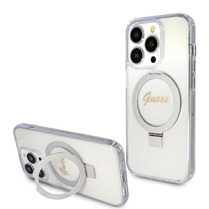 MagSafe Case for Apple iPhone 15 Pro, Guess, IML Ring Stand Glitter, Transparent