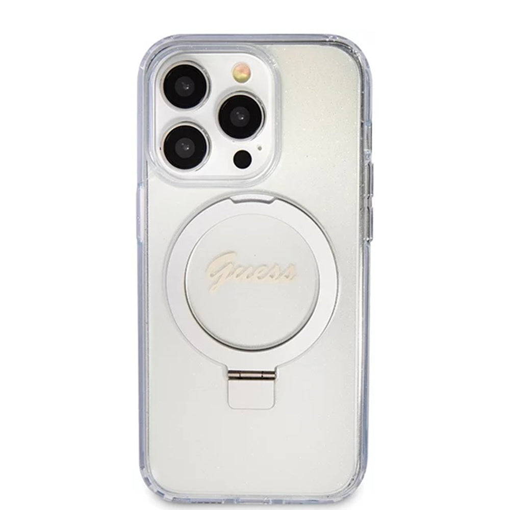 MagSafe Case for Apple iPhone 15 Pro, Guess, IML Ring Stand Glitter, Transparent