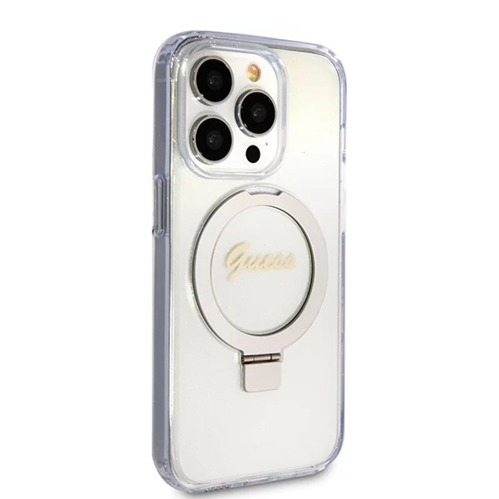 MagSafe Case for Apple iPhone 15 Pro, Guess, IML Ring Stand Glitter, Transparent