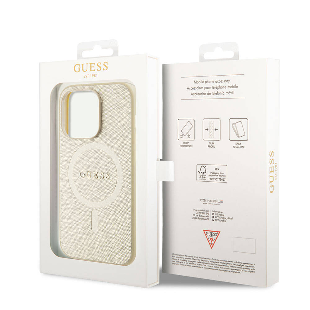 MagSafe Hülle für Apple iPhone 15 Pro, Guess, Saffiano, Beige