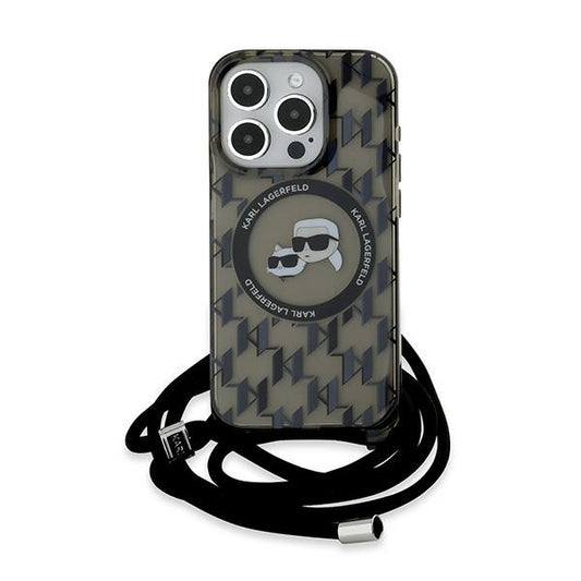 MagSafe Case for Apple iPhone 15 Pro, Karl Lagerfeld, IML Crossbody Monogram Karl & Choupette's Heads, Black