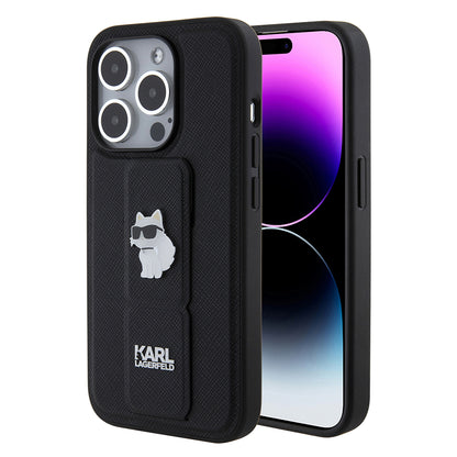 MagSafe Hülle für Apple iPhone 15 Pro, Karl Lagerfeld, Saffiano Gripstand Choupette, Schwarz