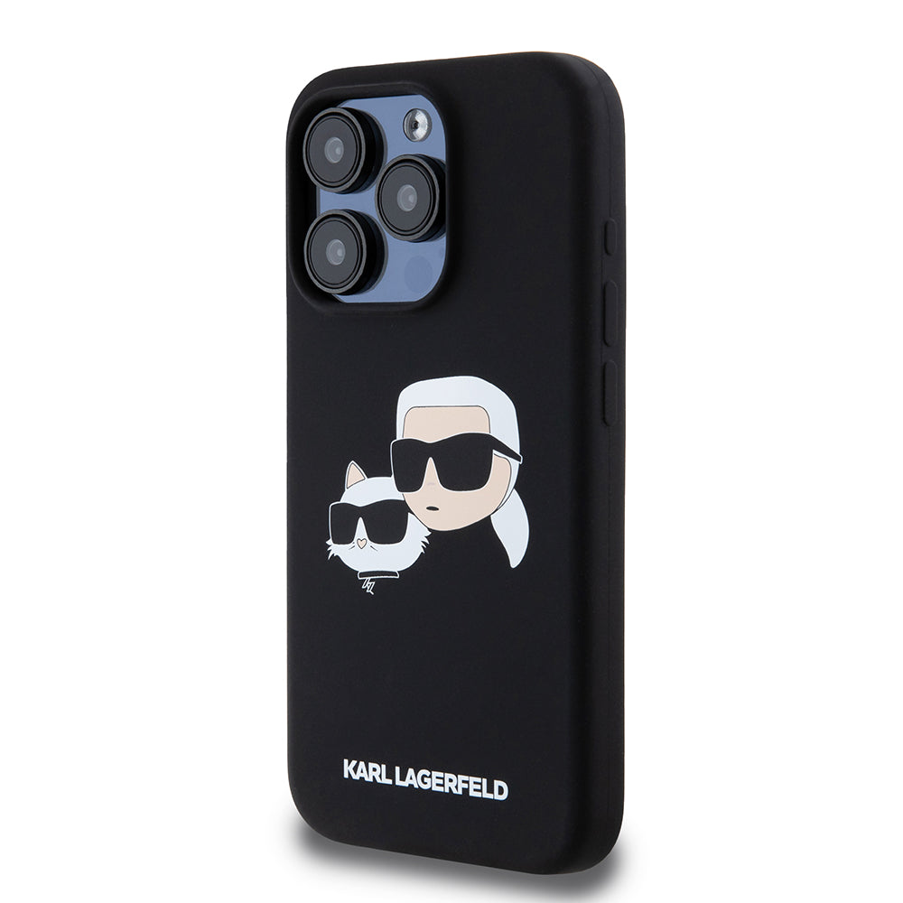 MagSafe Hülle für Apple iPhone 15 Pro, Karl Lagerfeld, Silikon Karl & Choupette's Köpfe, Schwarz