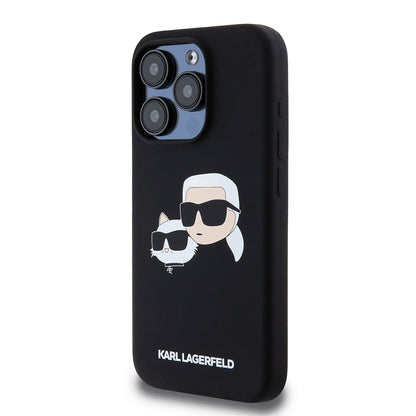 MagSafe Hülle für Apple iPhone 15 Pro, Karl Lagerfeld, Silikon Karl & Choupette's Köpfe, Schwarz