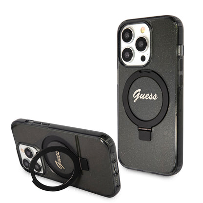 MagSafe Hülle für Apple iPhone 15 Pro Max, Guess, IML Ring Stand Glitter, Schwarz