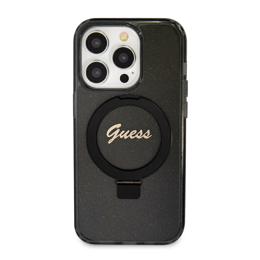 MagSafe Hülle für Apple iPhone 15 Pro Max, Guess, IML Ring Stand Glitter, Schwarz
