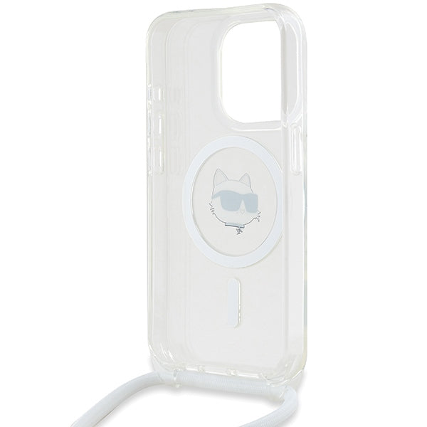 MagSafe Hülle für Apple iPhone 15 Pro Max, Karl Lagerfeld, IML Crossbody Choupette's Head with Strap, Transparent