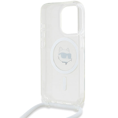 MagSafe Hülle für Apple iPhone 15 Pro Max, Karl Lagerfeld, IML Crossbody Choupette's Head with Strap, Transparent