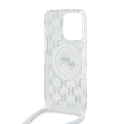 MagSafe Hülle für Apple iPhone 15 Pro Max, Karl Lagerfeld, IML Crossbody Monogram Karl & Choupette's Heads, Transparent