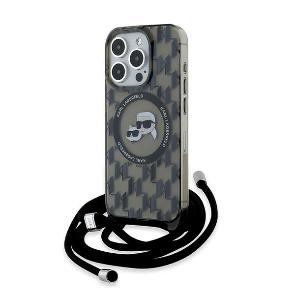 MagSafe Hülle für Apple iPhone 15 Pro Max, Karl Lagerfeld, IML Crossbody Monogram Karl & Choupette's Heads, Schwarz