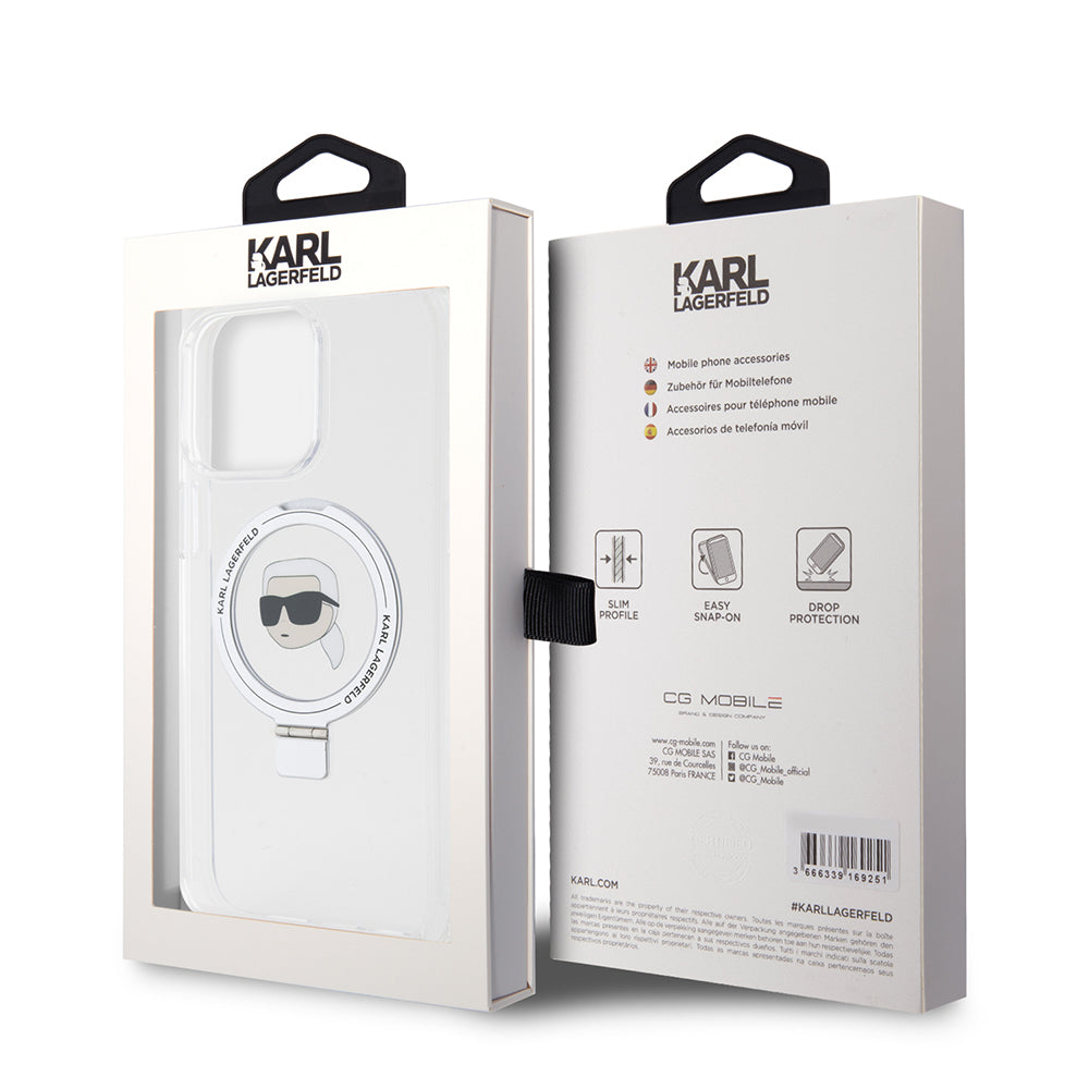 MagSafe Case for Apple iPhone 15 Pro Max, Karl Lagerfeld, Ring Stand Karl's Head, White
