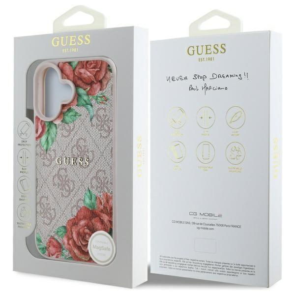 MagSafe Hülle für Apple iPhone 16, Guess, 4G Flowers Print, Rosa