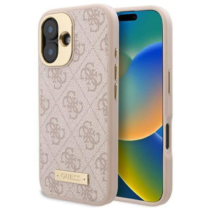 MagSafe Hülle für Apple iPhone 16, Guess, 4G Logo Plate, Rosa