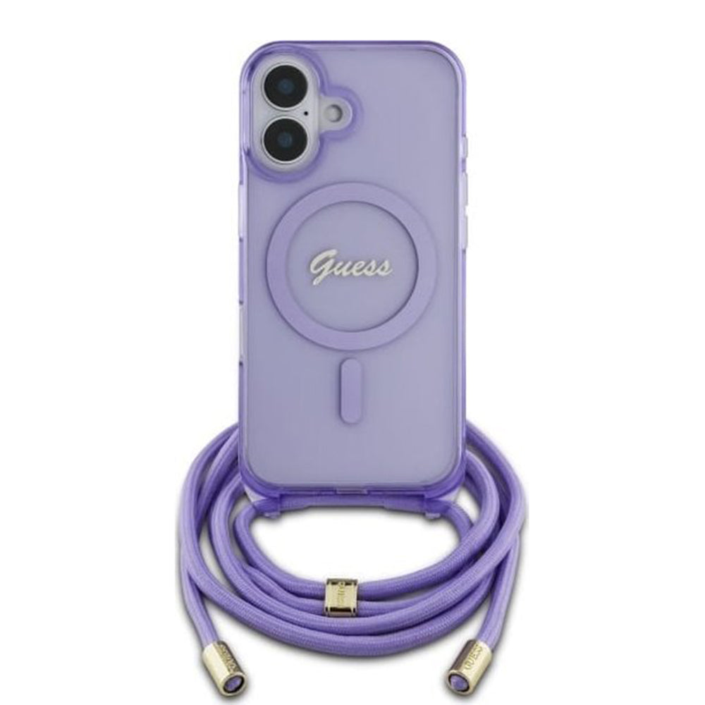 MagSafe Hülle für Apple iPhone 16, Guess, IML Crossbody Cord Script, Rosa
