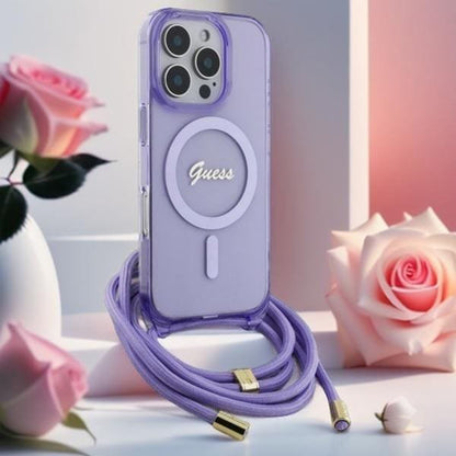 MagSafe Hülle für Apple iPhone 16, Guess, IML Crossbody Cord Script, Rosa