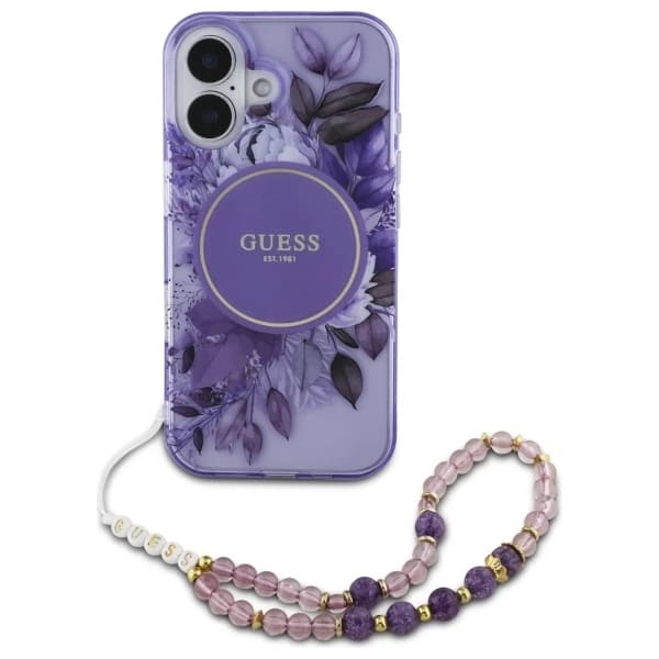 MagSafe Hülle für Apple iPhone 16, Guess, IML Flowers with Pearl Strap, Lila
